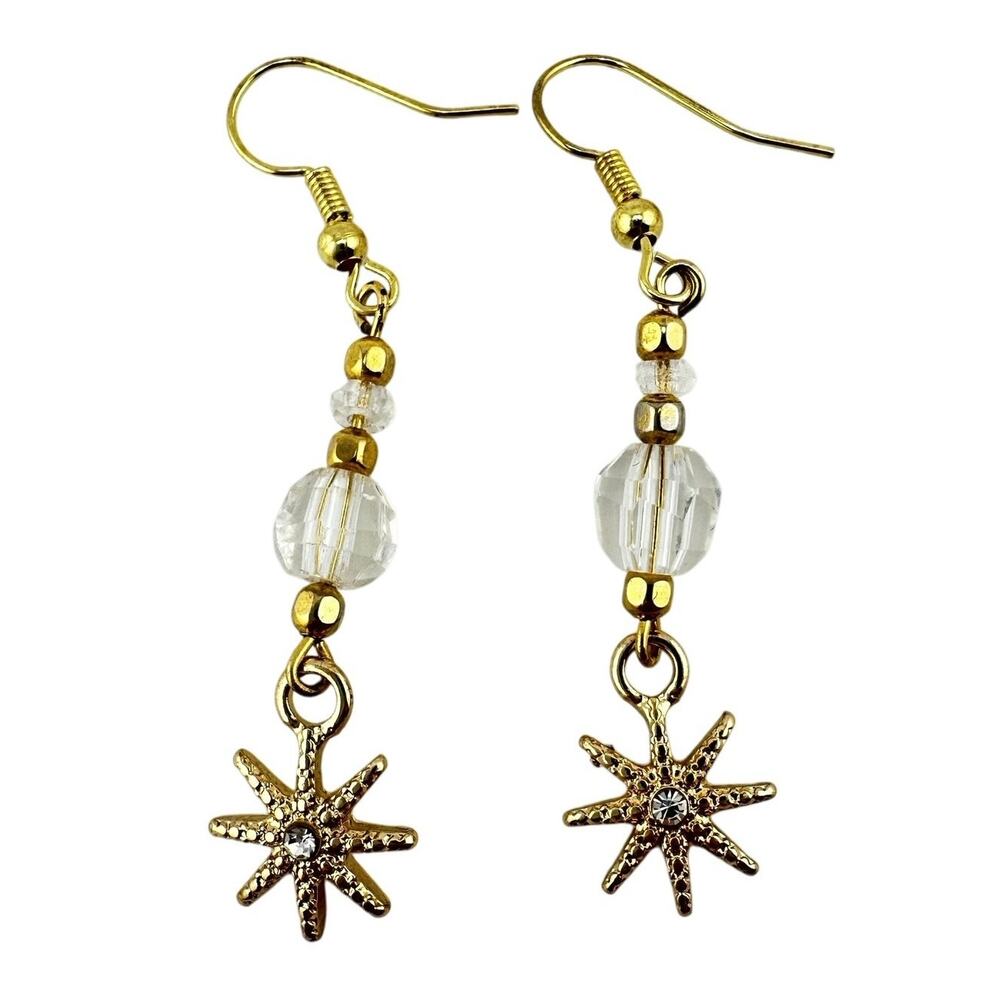 Vintage Upcycled Handmade Sunburst Crystal Beaded Gold Tone Dangle 2" Earrings